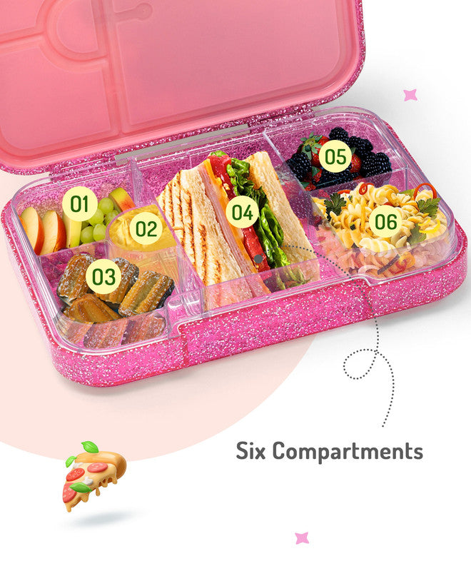 Bonfino Unicorn ABS Bento Lunch Box, BPA Free, Microwave Safe Removable Tray, 6 Adjustable Compartments, Leak Resistant, Lightweight, 3 Years+, 22x15.5x5cm, 1L - Pink