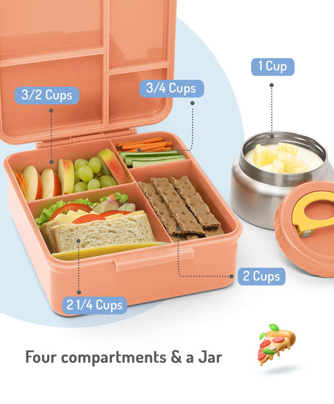 Bonfino Unicorn Food Grade Tritan Bento Lunch Box with Food Jar, 4 Compartments, BPA Free, Leak Resistant, Microwave Safe, 20x17.5x7cm, 1.87L, 3 Years+ - Peach