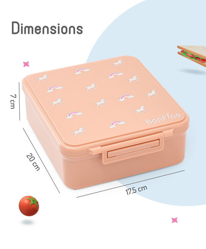 Bonfino Unicorn Food Grade Tritan Bento Lunch Box with Food Jar, 4 Compartments, BPA Free, Leak Resistant, Microwave Safe, 20x17.5x7cm, 1.87L, 3 Years+ - Peach