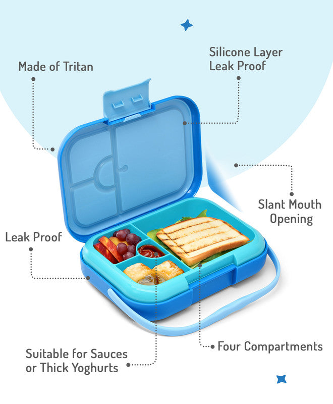 Bonfino ABS Bento Lunch Box, Microwave Safe, Dishwasher Safe, Removable Food Tray, BPA Free, Silicone Seal, Leak Resistant, Odour Free, 22x15.5x5cm, 765mL, 3 Years+ - Blue