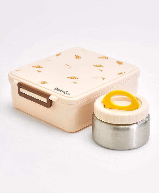 Bonfino Croissant Theme Lunch Box with Container, Food Safe, Easy to Clean, Thoughtful Compartments, Versatile, 4 Years+, L 20 x B 17.5 x H 7 cm - Beige