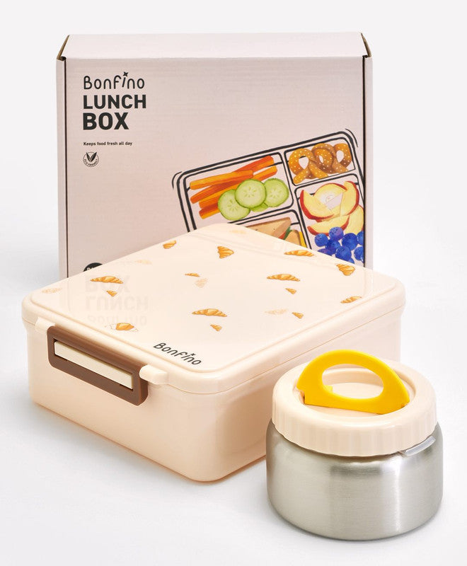 Bonfino Croissant Theme Lunch Box with Container, Food Safe, Easy to Clean, Thoughtful Compartments, Versatile, 4 Years+, L 20 x B 17.5 x H 7 cm - Beige
