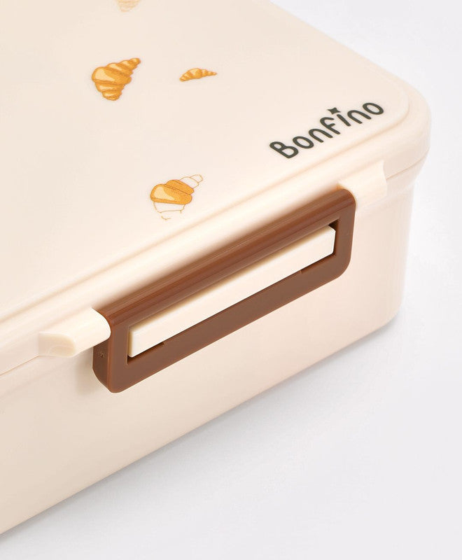 Bonfino Croissant Theme Lunch Box with Container, Food Safe, Easy to Clean, Thoughtful Compartments, Versatile, 4 Years+, L 20 x B 17.5 x H 7 cm - Beige