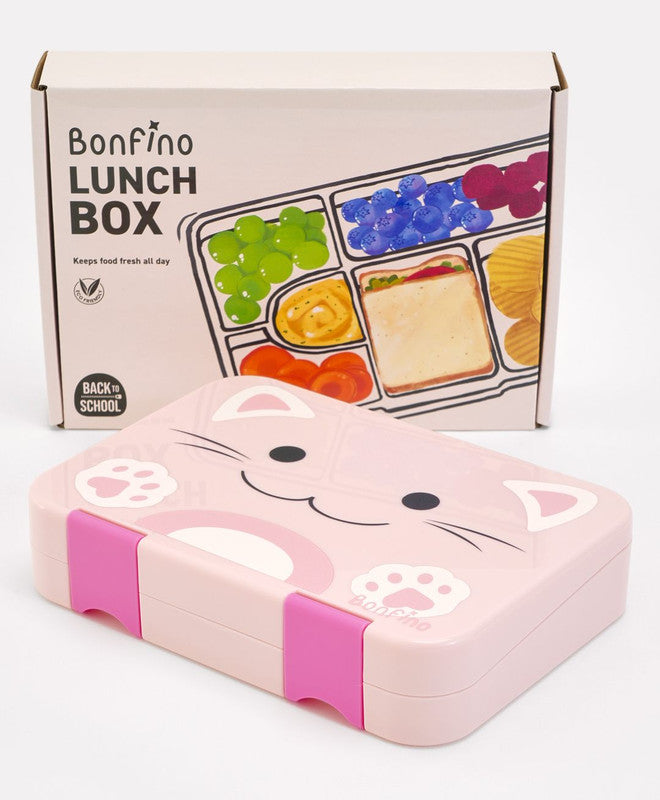 Bonfino Lunch Box, Cat Theme, Easy to Carry, Leak-Proof Lid, Microwave Safe, 3 Years+, 22 x 15.5 x 5cm - Pink