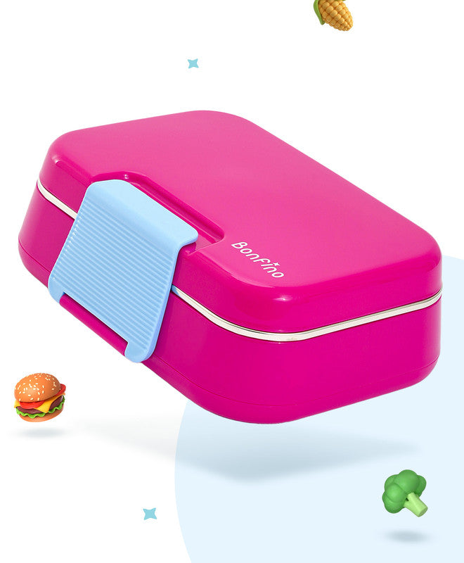 Bonfino Lunch Box with Spoon and Fork, Leak-Resistant, Food-Grade PP and 304 Stainless Steel, Durable, 3 Years+, 1150 mL, 21.6 x 17.3 x 7.6 cm - Pink and Blue