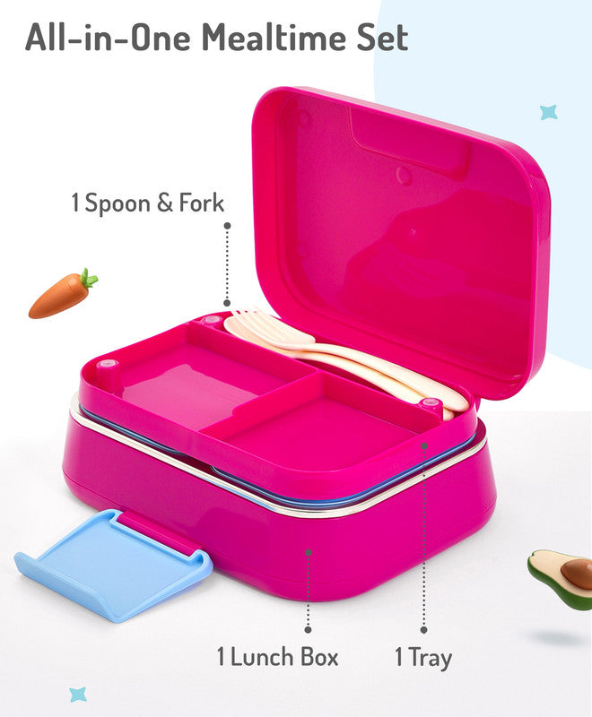 Bonfino Lunch Box with Spoon and Fork, Leak-Resistant, Food-Grade PP and 304 Stainless Steel, Durable, 3 Years+, 1150 mL, 21.6 x 17.3 x 7.6 cm - Pink and Blue