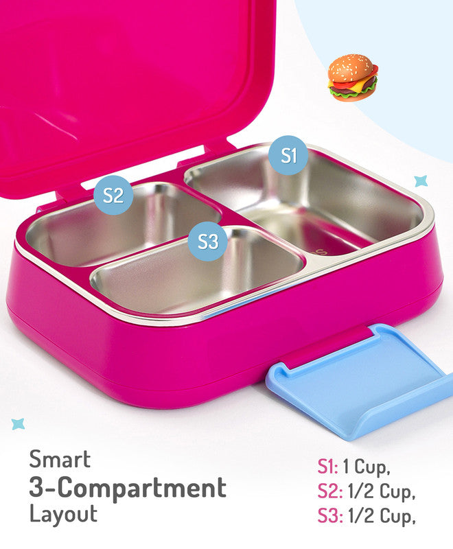 Bonfino Lunch Box with Spoon and Fork, Leak-Resistant, Food-Grade PP and 304 Stainless Steel, Durable, 3 Years+, 1150 mL, 21.6 x 17.3 x 7.6 cm - Pink and Blue