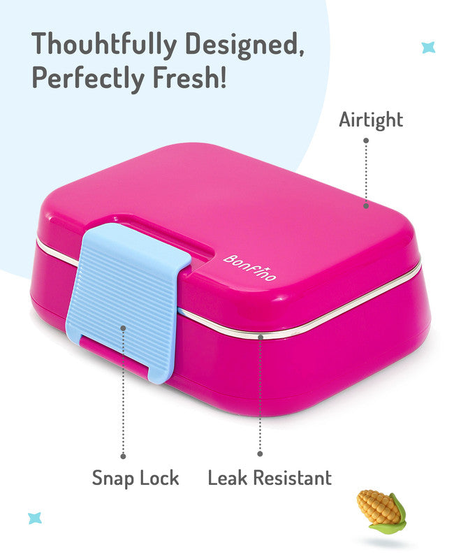 Bonfino Lunch Box with Spoon and Fork, Leak-Resistant, Food-Grade PP and 304 Stainless Steel, Durable, 3 Years+, 1150 mL, 21.6 x 17.3 x 7.6 cm - Pink and Blue