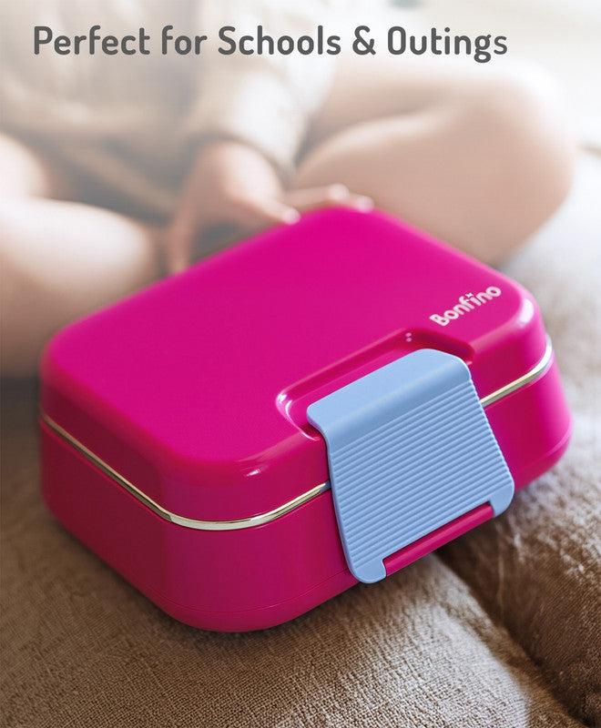 Bonfino Lunch Box with Spoon and Fork, Leak-Resistant, Food-Grade PP and 304 Stainless Steel, Durable, 3 Years+, 1150 mL, 21.6 x 17.3 x 7.6 cm - Pink and Blue