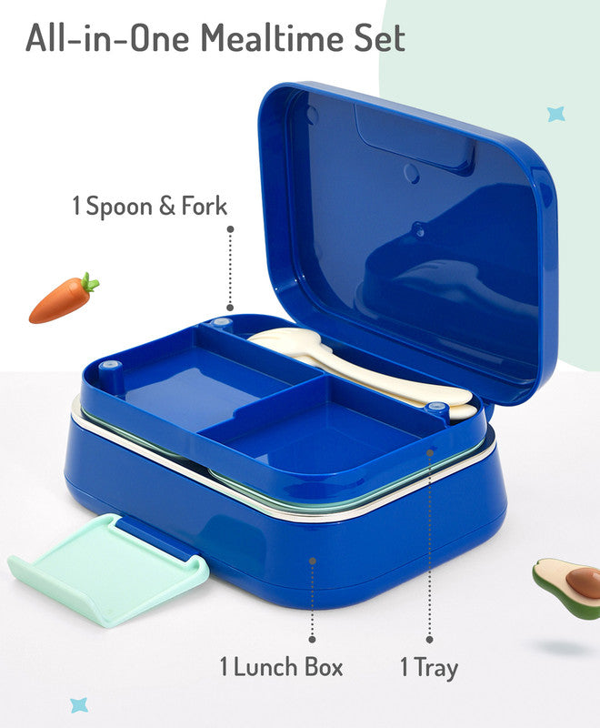 Bonfino Lunch Box with Spoon and Fork, Leak-Resistant, Food-Grade PP and 304 Stainless Steel, Durable, 3 Years+, 1150 mL, 21.6 x 17.3 x 7.6 cm - Blue and Green