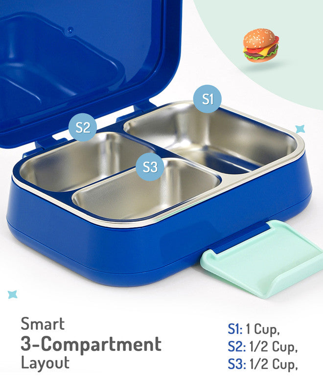 Bonfino Lunch Box with Spoon and Fork, Leak-Resistant, Food-Grade PP and 304 Stainless Steel, Durable, 3 Years+, 1150 mL, 21.6 x 17.3 x 7.6 cm - Blue and Green