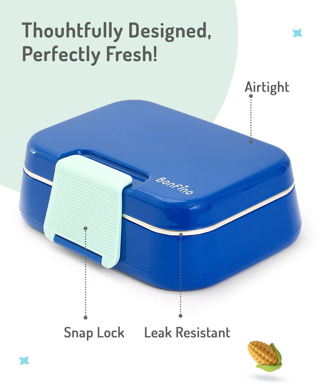 Bonfino Lunch Box with Spoon and Fork, Leak-Resistant, Food-Grade PP and 304 Stainless Steel, Durable, 3 Years+, 1150 mL, 21.6 x 17.3 x 7.6 cm - Blue and Green