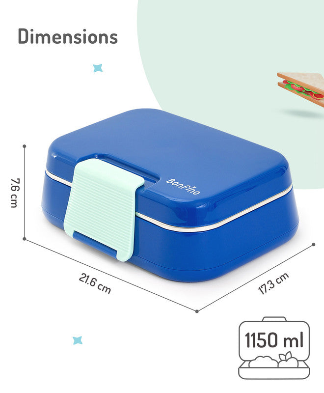 Bonfino Lunch Box with Spoon and Fork, Leak-Resistant, Food-Grade PP and 304 Stainless Steel, Durable, 3 Years+, 1150 mL, 21.6 x 17.3 x 7.6 cm - Blue and Green