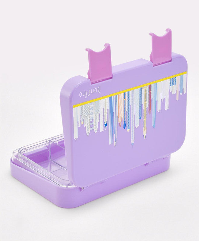 Bonfino Lunch Box, City Theme, Easy to Carry, Leak-Proof Lid, Microwave Safe, 3 Years+, 22 x 15.5 x 5cm - Purple