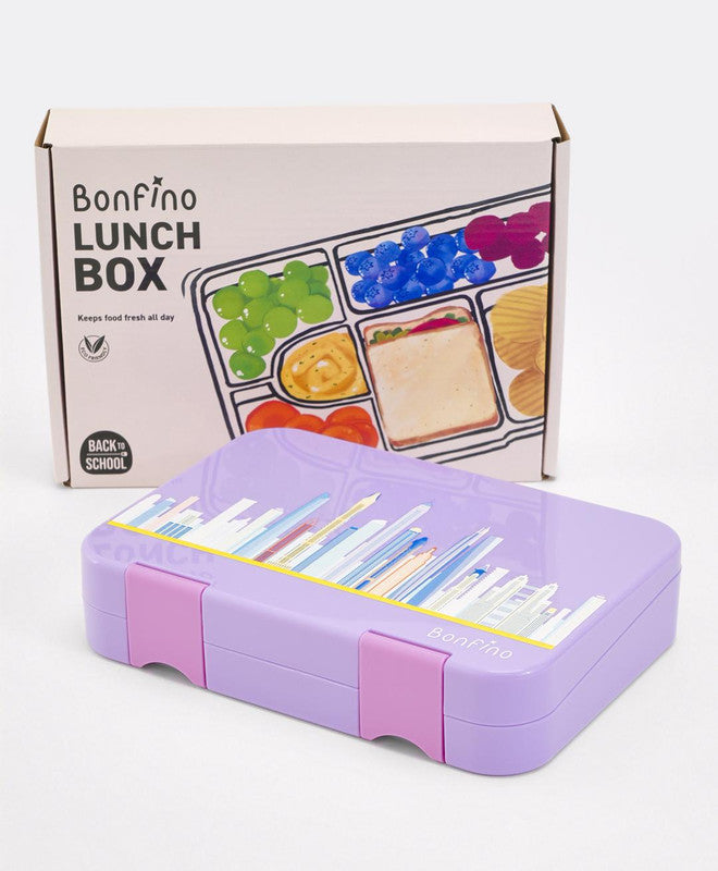 Bonfino Lunch Box, City Theme, Easy to Carry, Leak-Proof Lid, Microwave Safe, 3 Years+, 22 x 15.5 x 5cm - Purple