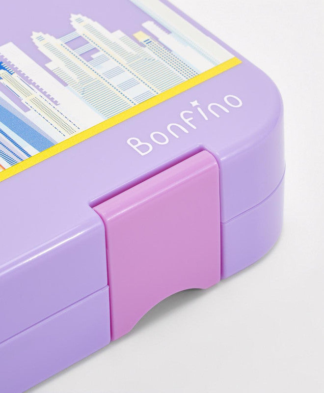 Bonfino Lunch Box, City Theme, Easy to Carry, Leak-Proof Lid, Microwave Safe, 3 Years+, 22 x 15.5 x 5cm - Purple
