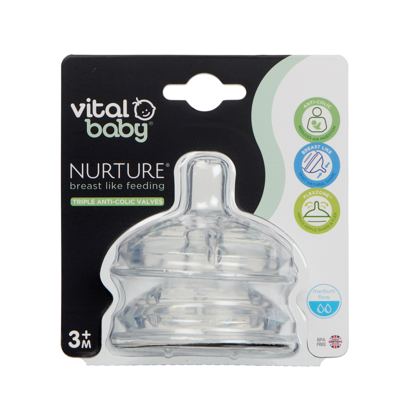 حلمات Vital Baby Nurture تشبه الرضاعة الطبيعية لتدفق متوسط، قطعتين، شفافة، من عمر 3 أشهر فما فوق