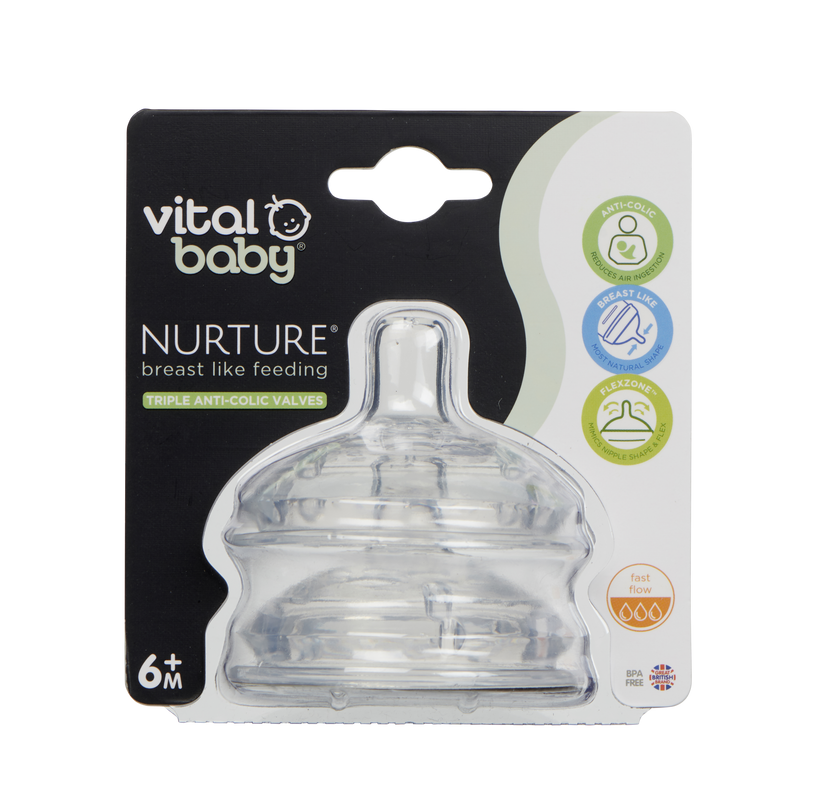 حلمات Vital Baby Nurture تشبه الرضاعة الطبيعية للتدفق السريع، قطعتين، شفافة، من عمر 6 أشهر فما فوق