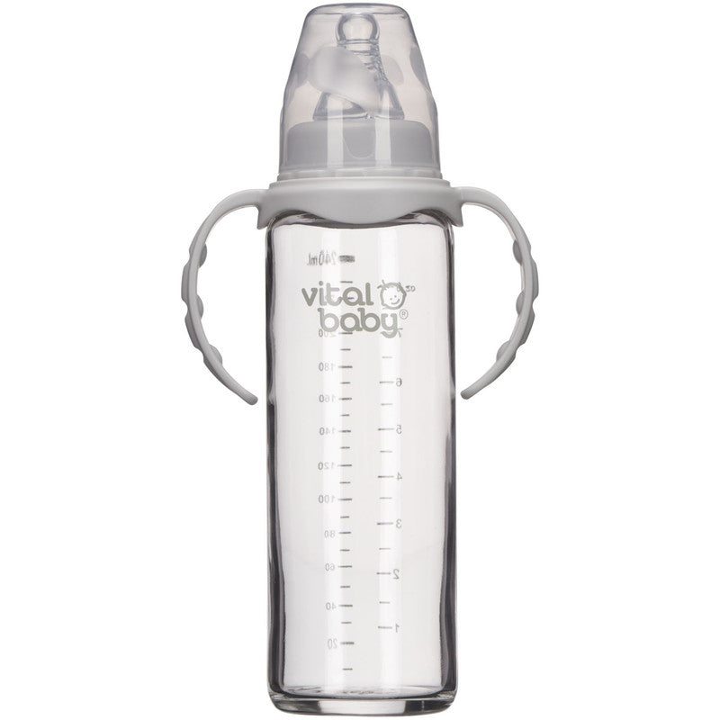 Vital Baby Nurture Glass Baby Feeding Bottle with Handles, 240ml, 0+ Months, Clear