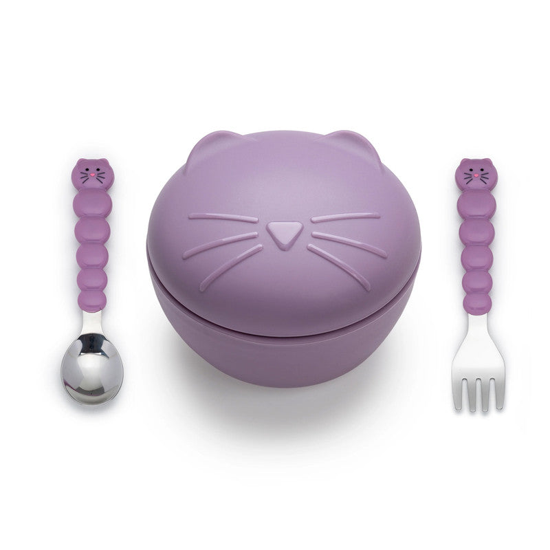 Melii Silicone Bowl with Lid & Utensils - Purple Cat 
