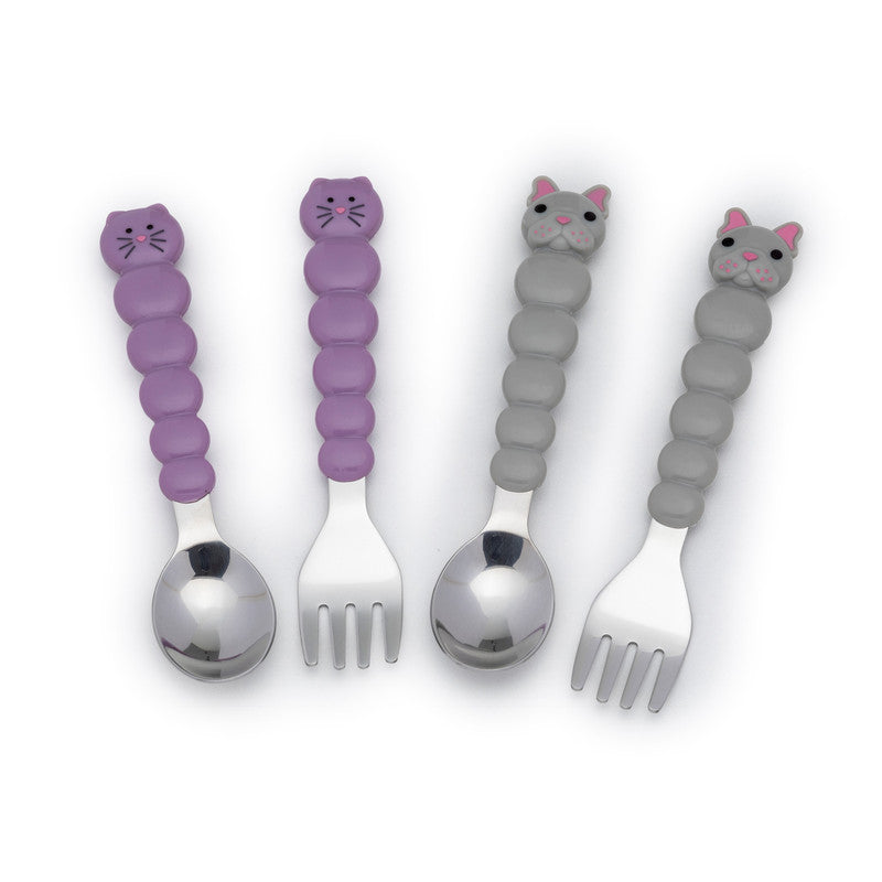 Melii Spoons & Forks Set - Purple Cat & Grey Bulldog (4 Pcs)