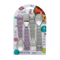 melii Colorful Animal Spoon & Fork Sets for Kids - Encourages Independent Feeding and Fine Motor Skills - BPA-Free, Dishwasher Safe - Purple Cat & Grey Bulldog (4 Pcs)_4