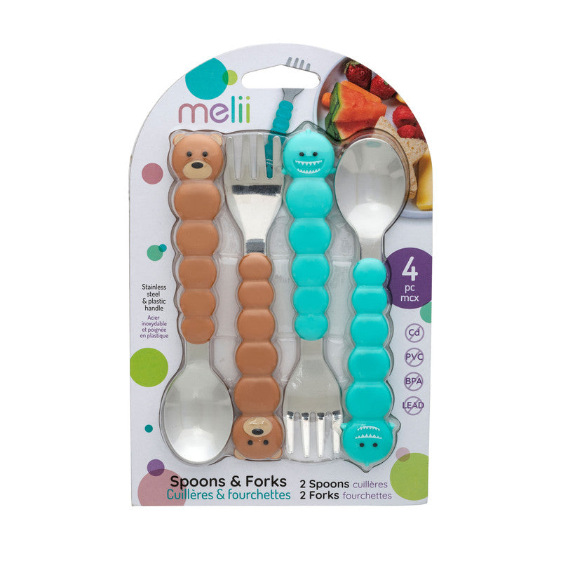 melii Colorful Animal Spoon & Fork Sets for Kids - Encourages Independent Feeding and Fine Motor Skills - BPA-Free, Dishwasher Safe - Brown Bear & Turquoise Shark (4 Pcs)
